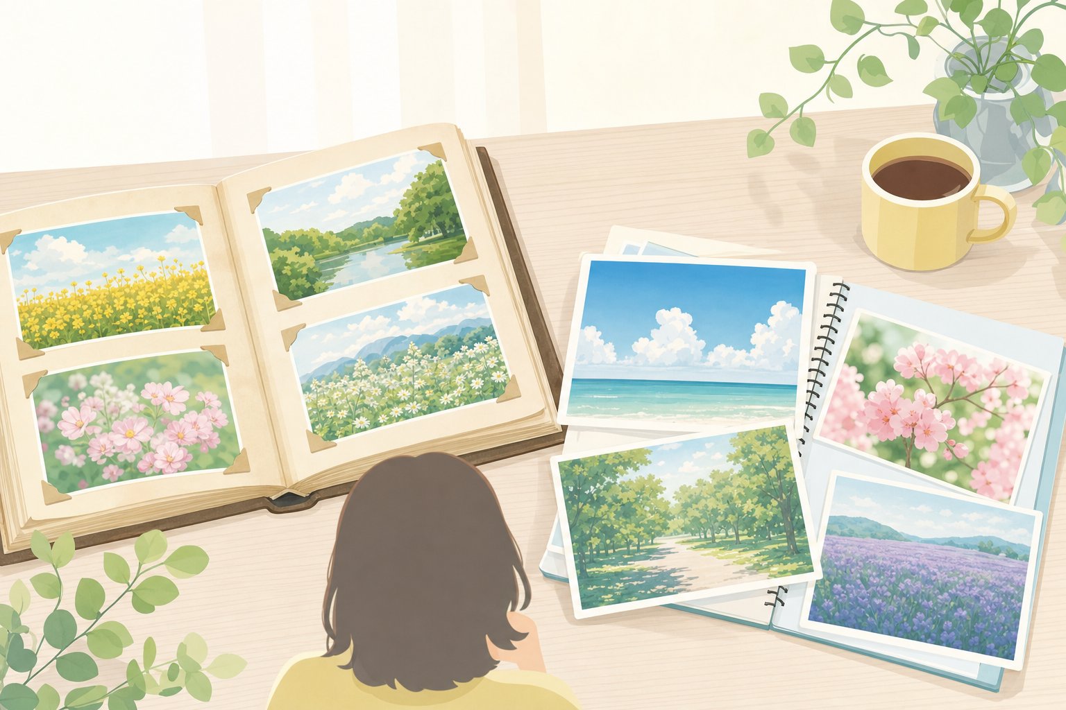 古いアルバムと新しい写真を並べて見比べるイメージ